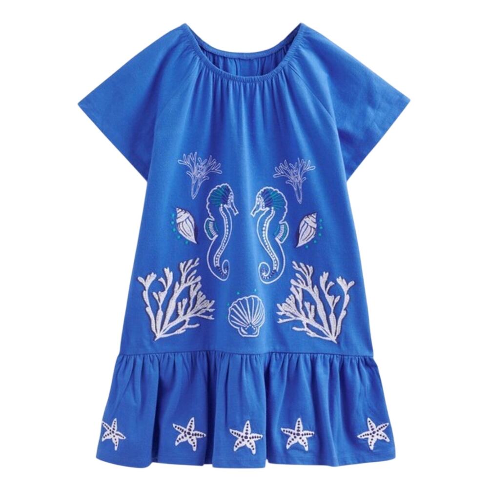 Mini Boden Blue Drop Waist Embroidered Seahorse Coral Starfish Dress 2-3 Years